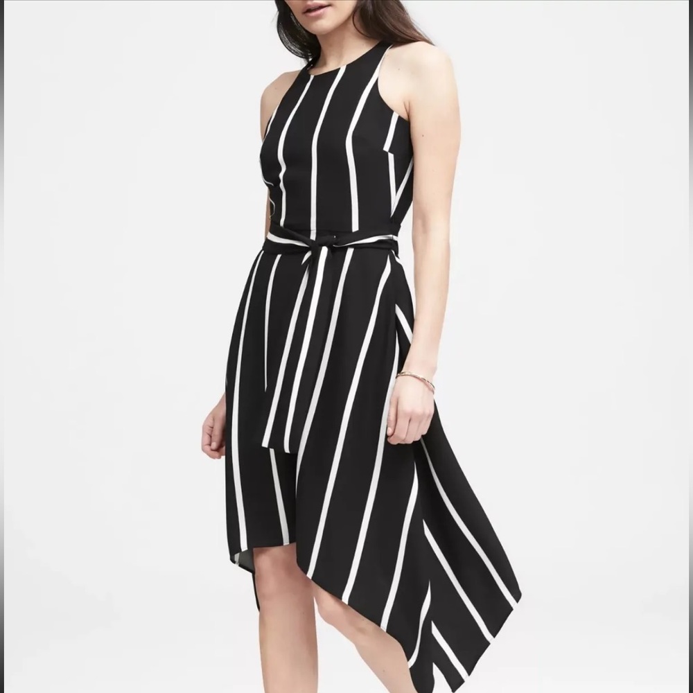 Banana Republic Striped Hi-Lo Dress Black White Belted Size 6 Spring Summer